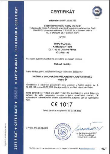 Systém jakosti podle směrnice 2014/68/ES modul D, díly tlakových zařízení